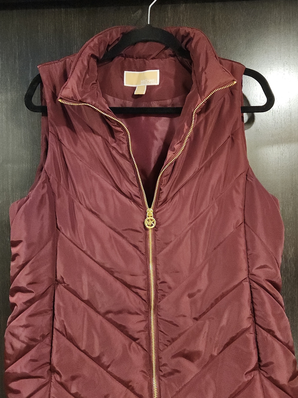 Michael Kors Wine Quilted Puffer Vest with Gold-Tone Zip